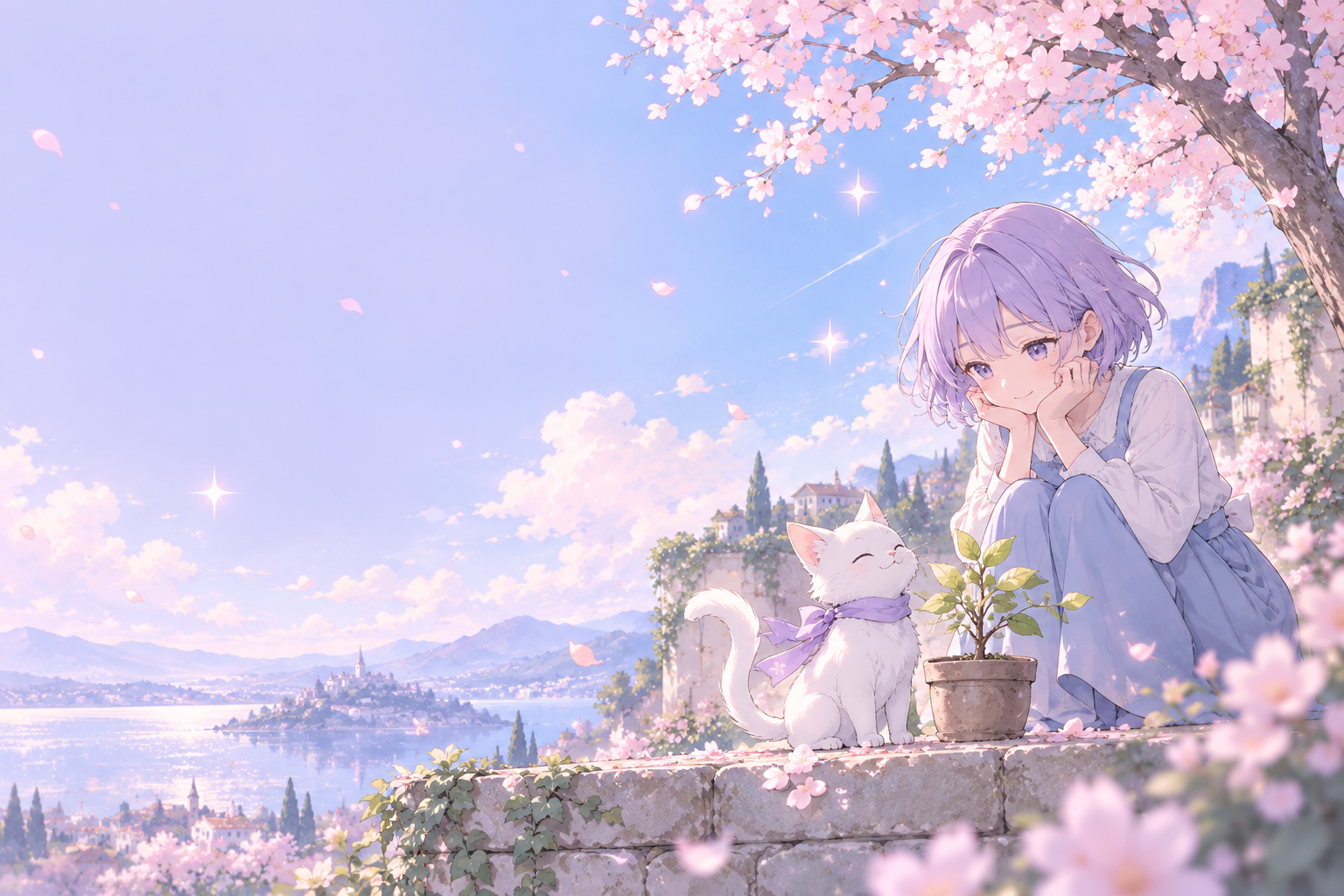 樱盈樱花与白猫主题插画